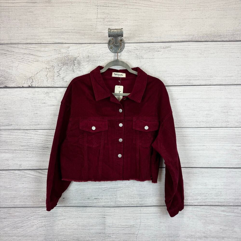 Impressions Women's Burgundy Corduroy Smiley Face Cropped Jacket Size Large